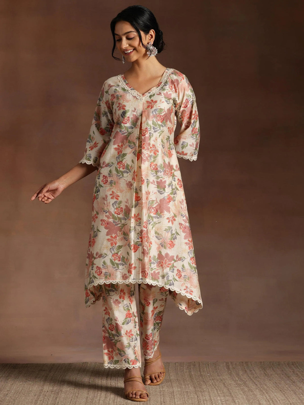 Libas Khwaab Beige Printed Chanderi Silk A-Line Kurta With Trousers
