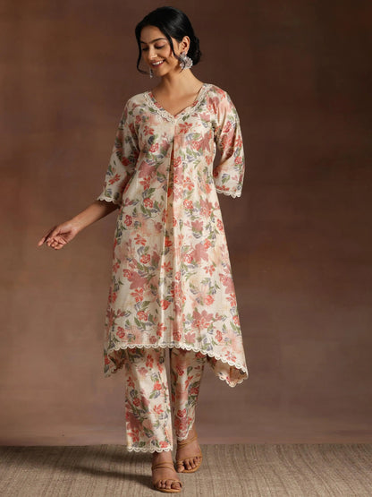Libas Khwaab Beige Printed Chanderi Silk A-Line Kurta With Trousers