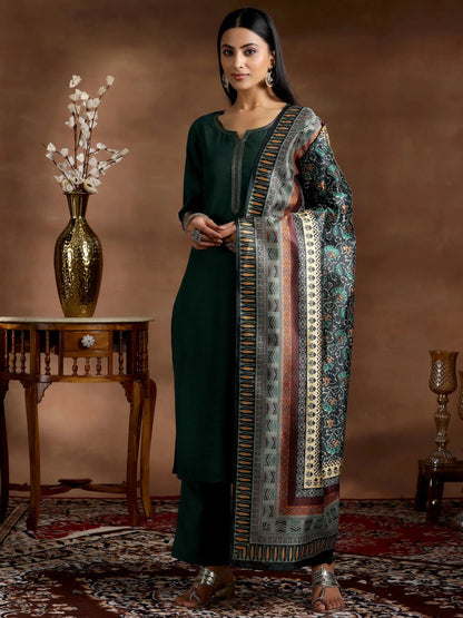 Gerua Green Solid Cotton Blend Straight Suit With Dupatta
