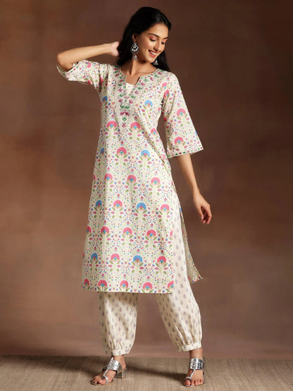 Libas Off White Printed Cotton Straight Kurta Set