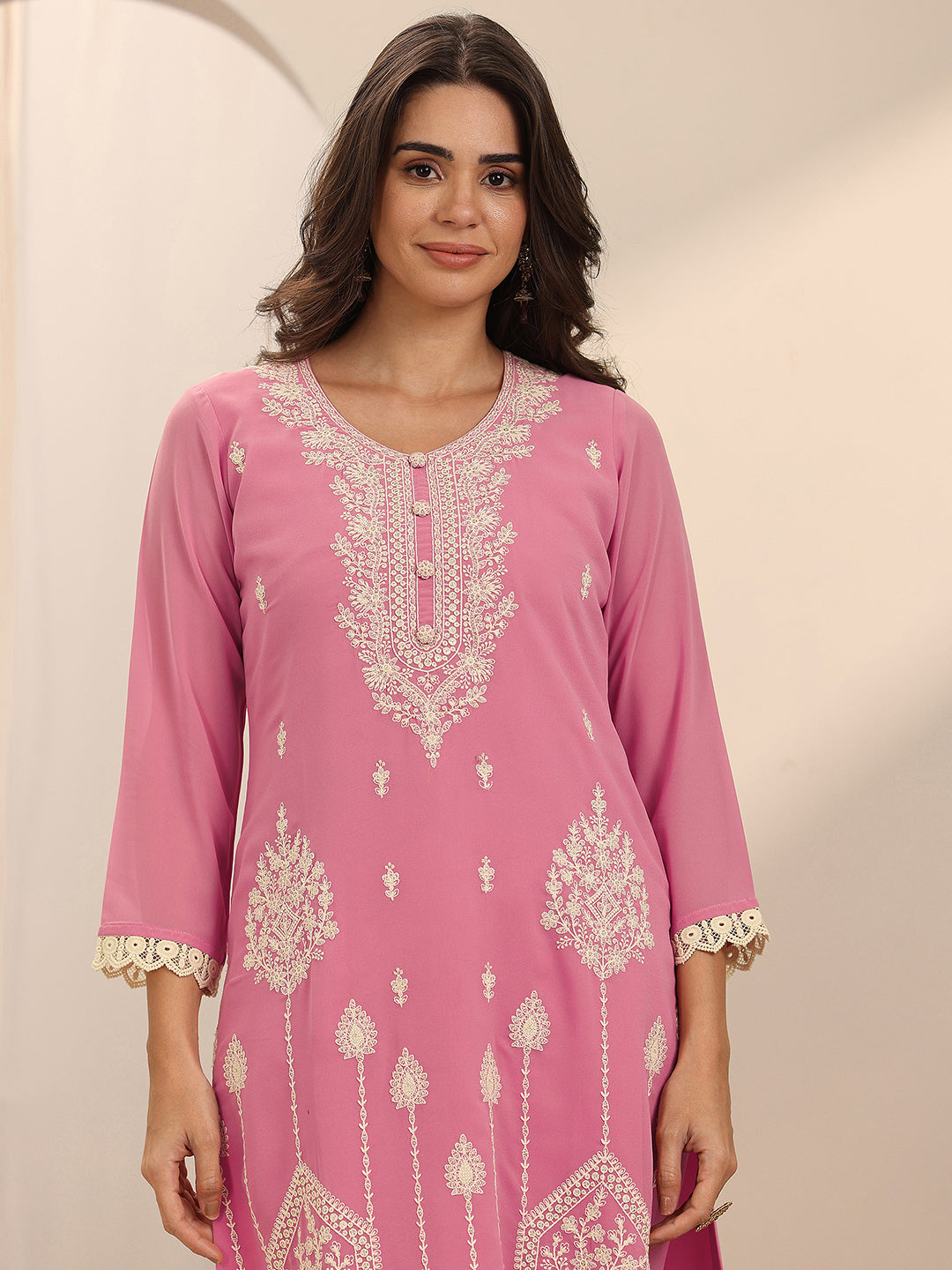 Libas Pink Embroidered Georgette Straight Suit Set With Dupatta