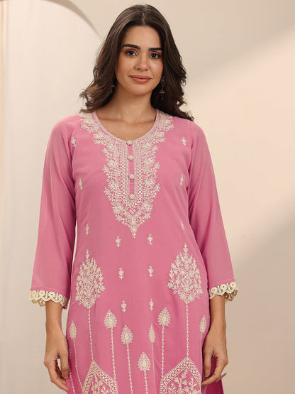 Libas Pink Embroidered Georgette Straight Suit Set With Dupatta