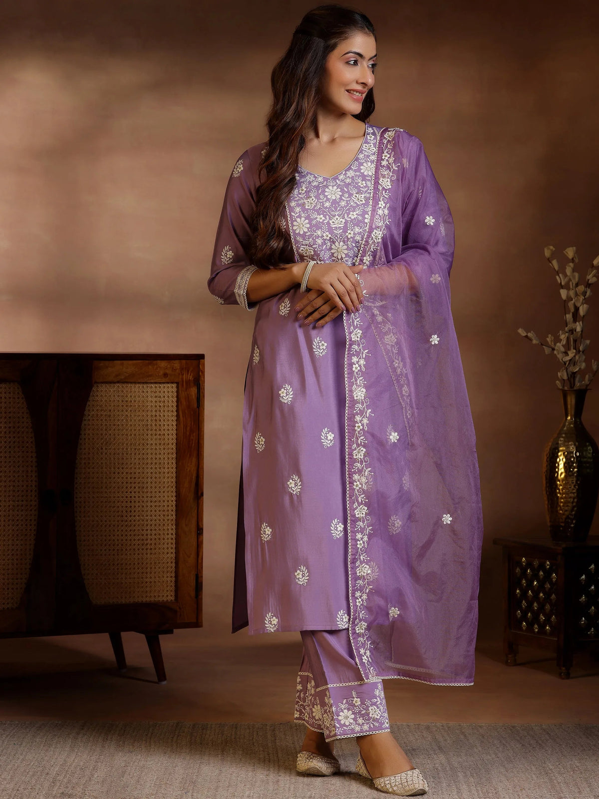 Libas Mauve Embroidered Silk Blend Straight Suit With Dupatta