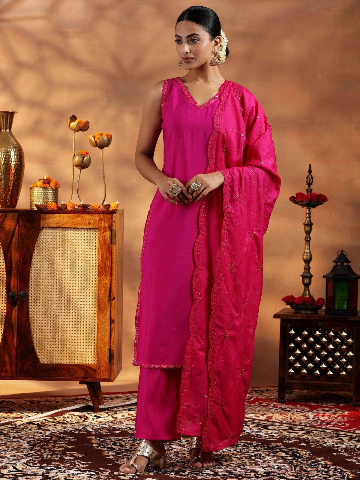 Gerua Pink Solid Silk Blend Straight Suit With Dupatta