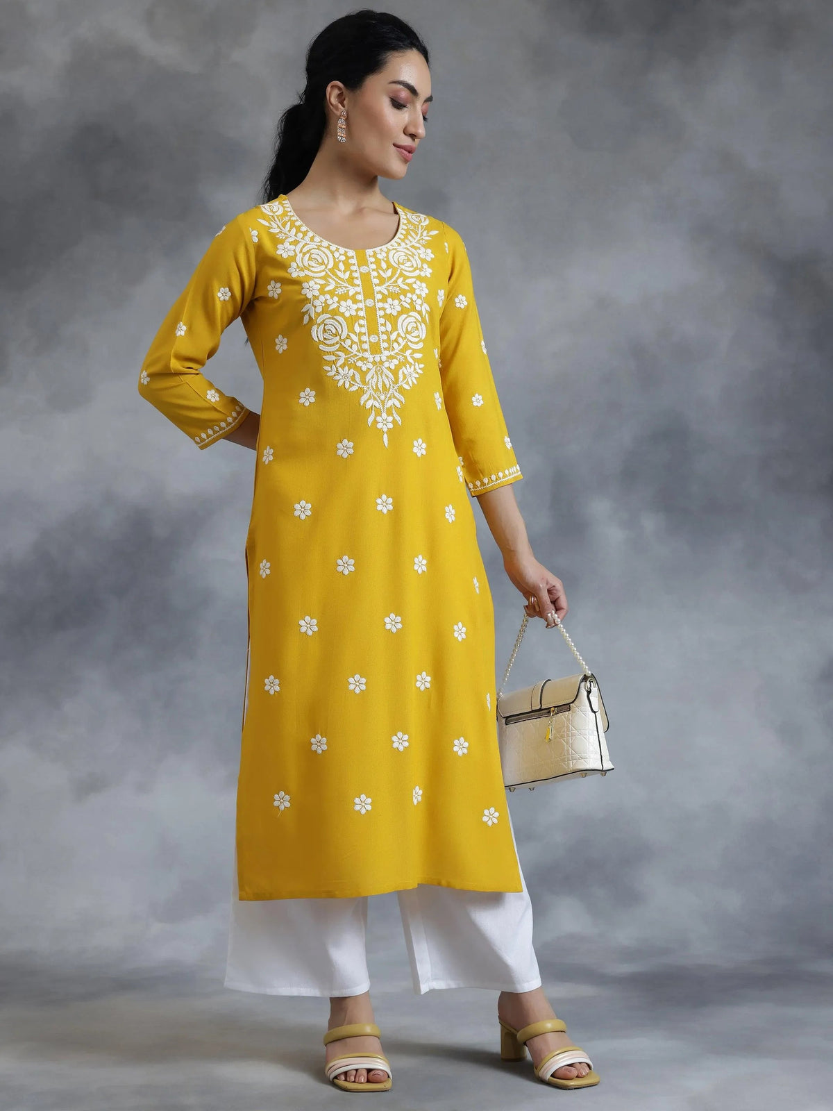 Libas Mustard Embroidered Rayon Straight Kurta