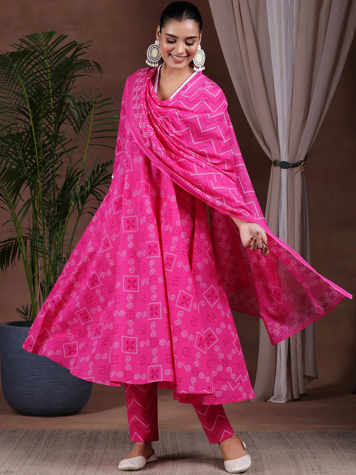 Libas Pink Printed Cotton Anarkali Suit With Dupatta