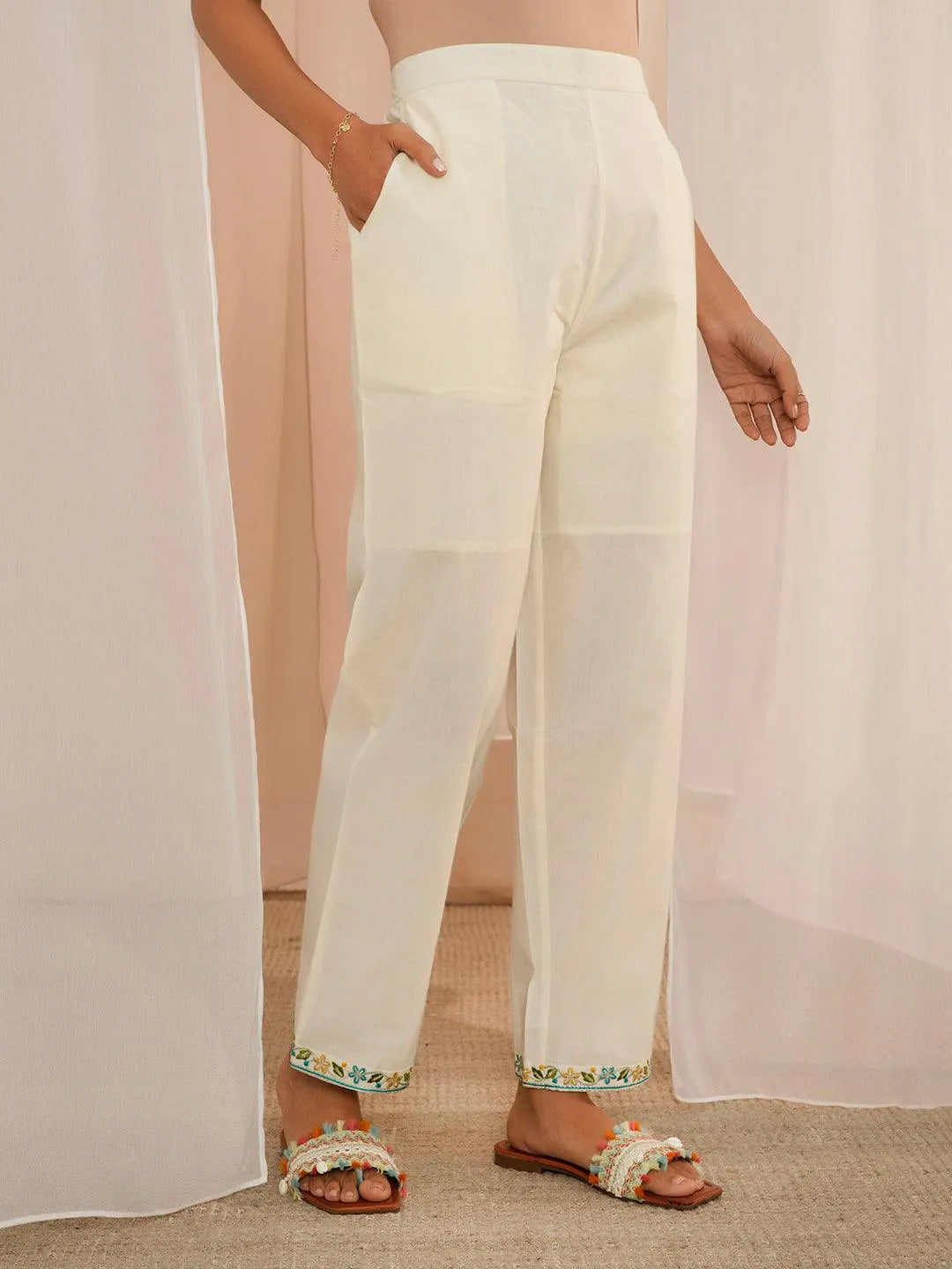 Gerua Off White Yoke Design Cotton Blend A-Line Kurta With Palazzos & Dupatta