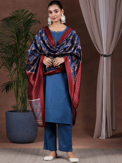 Gerua Navy Blue Solid Cotton Blend Straight Suit With Dupatta
