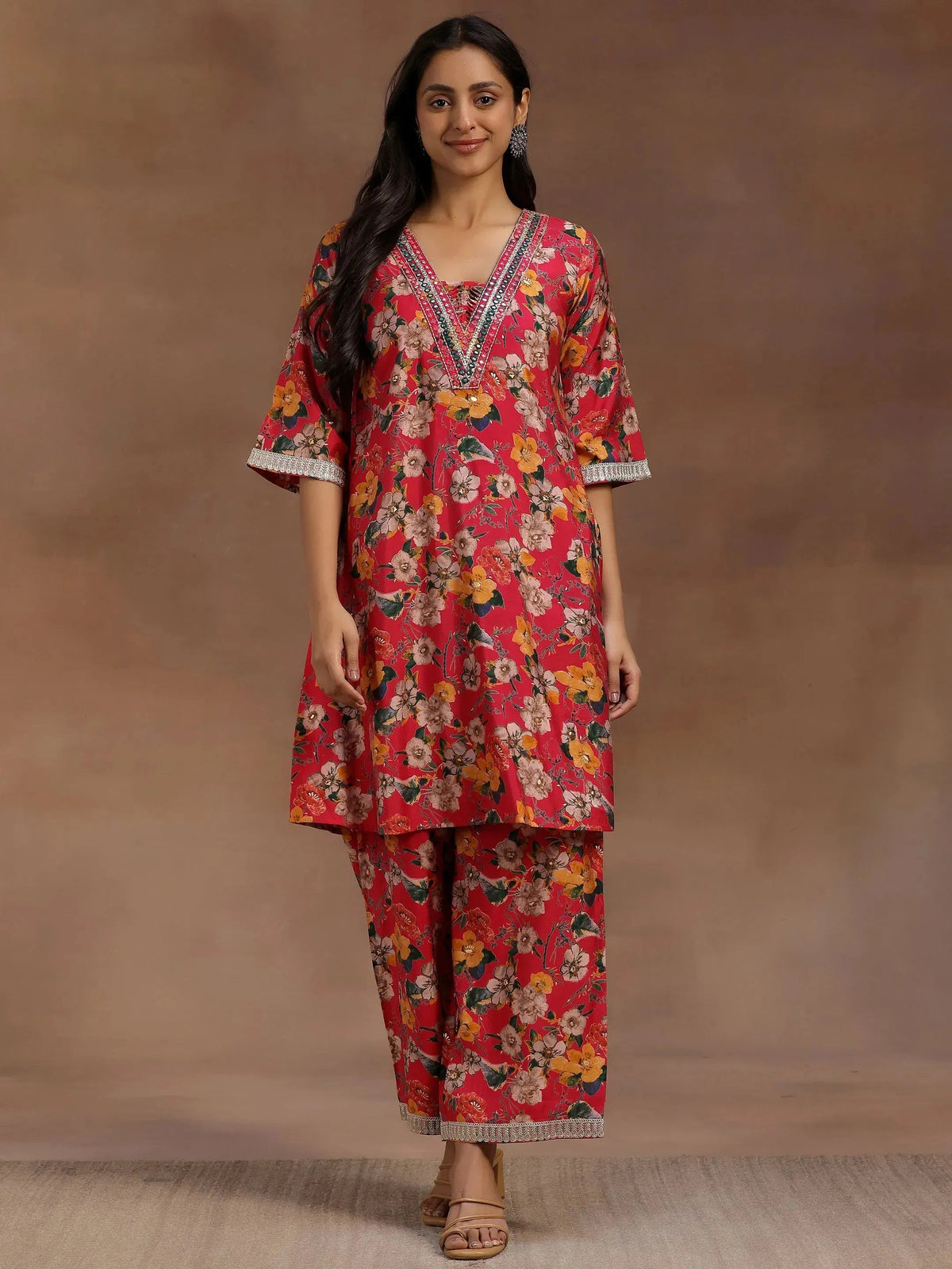 Libas Pink Printed Silk Blend Co-Ords