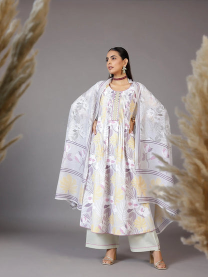 Libas Grey Printed Cotton Blend A-Line Kurta With Palazzos & Dupatta