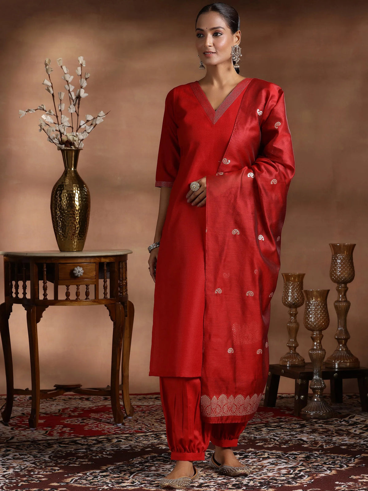 Gerua Red Solid Cotton Blend Straight Suit With Dupatta