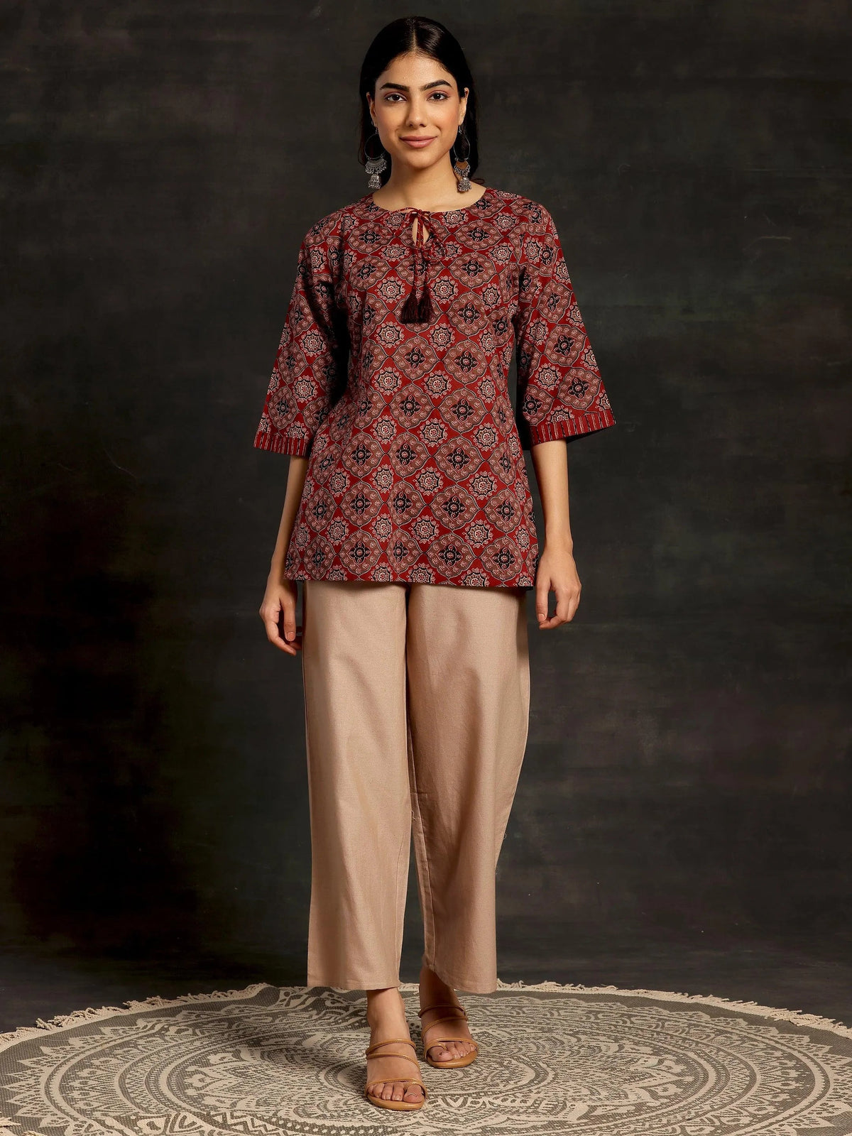Libas Beige Solid Cotton Wide Leg Palazzos