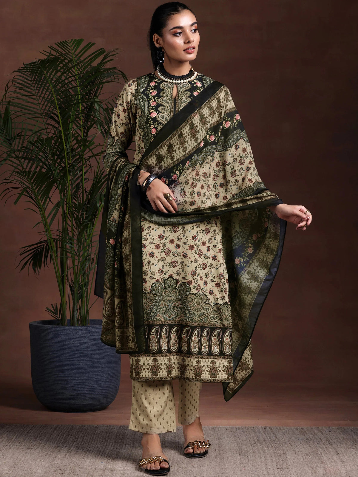 Libas Beige Printed Poly Crepe Straight Suit With Dupatta