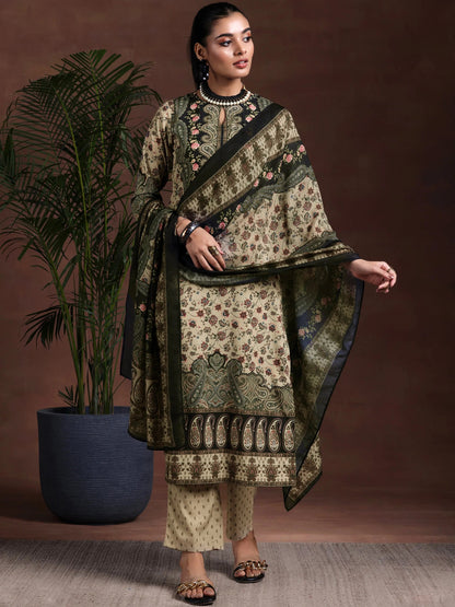 Libas Beige Printed Poly Crepe Straight Suit With Dupatta