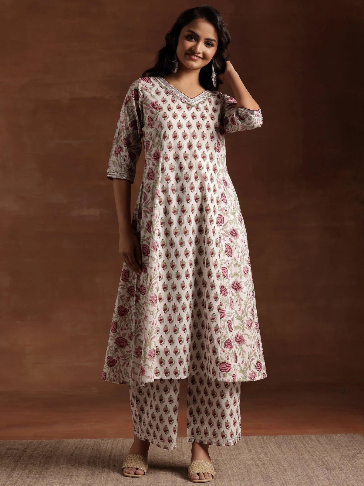 Libas Off white Printed Cotton A-Line Kurta With Palazzos