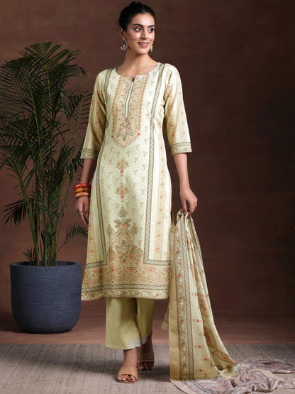 Libas Beige Printed Poly Crepe Straight Suit With Dupatta