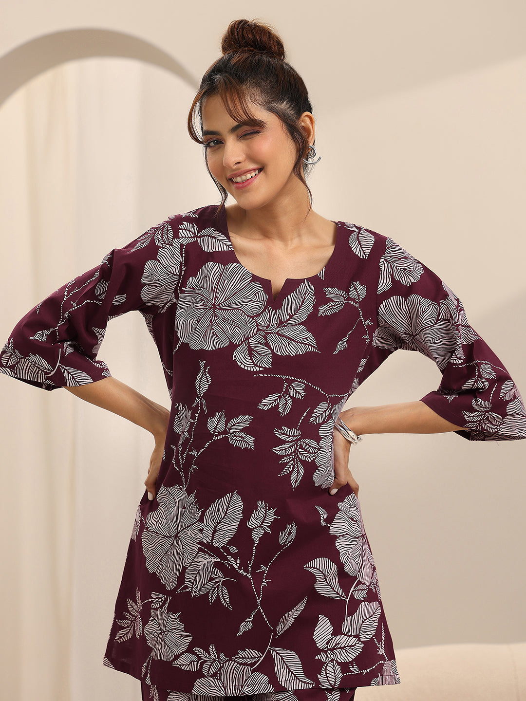 Libas Burgundy Printed Cotton Night Suits