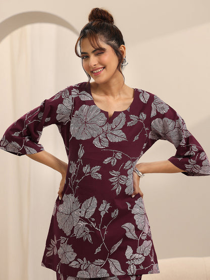 Libas Burgundy Printed Cotton Night Suits