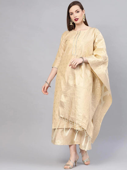 Libas Beige Embroidered Chanderi Silk Straight Kurta With Palazzos & Dupatta