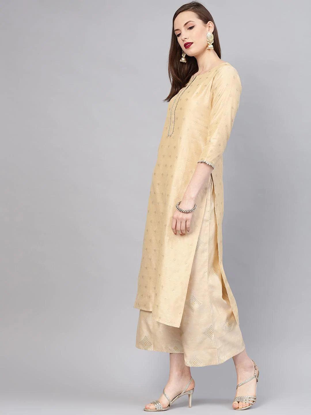 Libas Beige Embroidered Chanderi Silk Straight Kurta With Palazzos & Dupatta