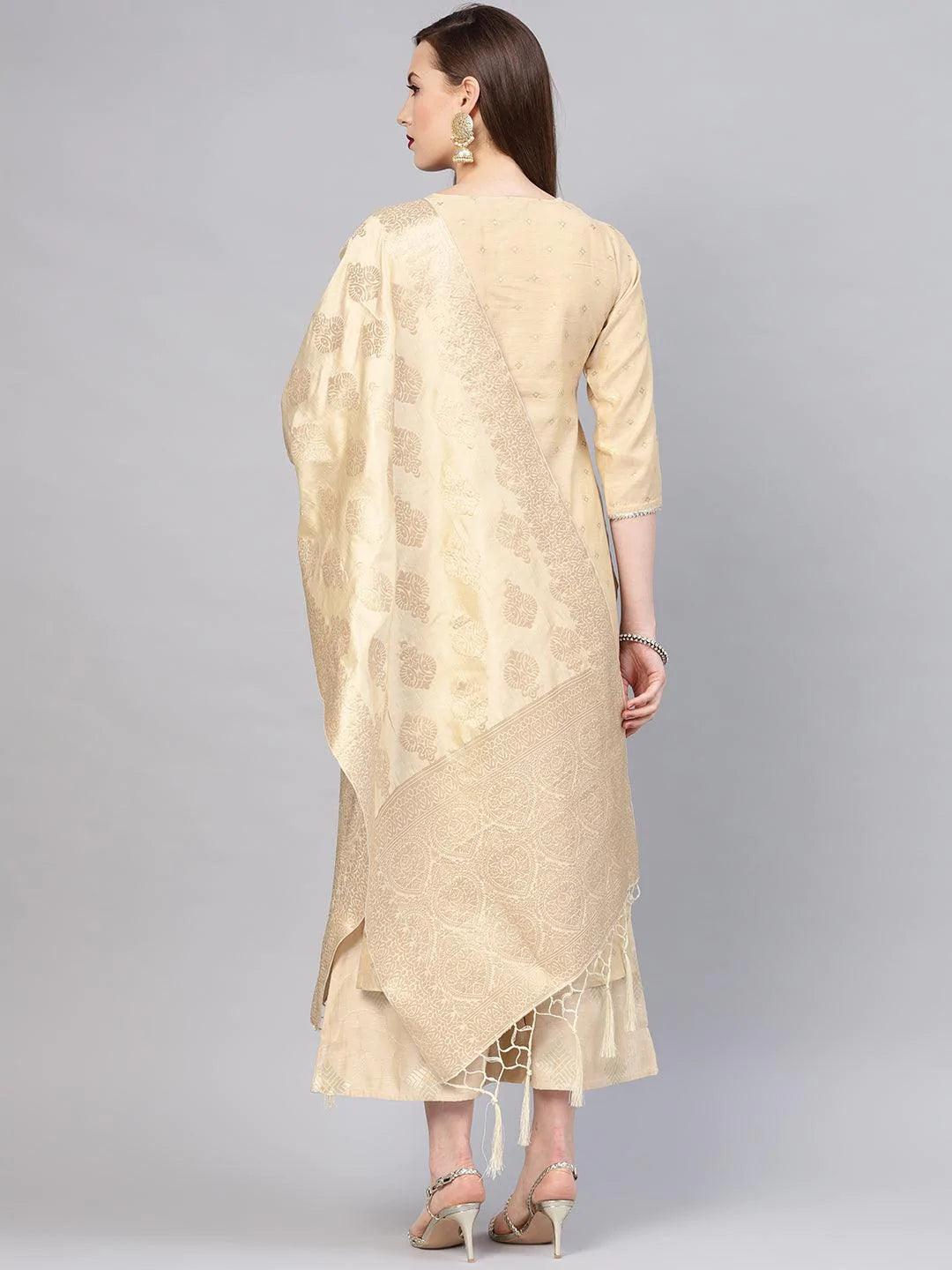 Libas Beige Embroidered Chanderi Silk Straight Kurta With Palazzos & Dupatta