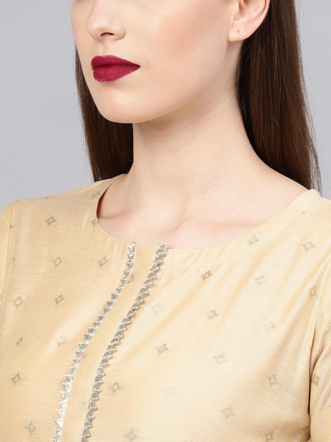 Libas Beige Embroidered Chanderi Silk Straight Kurta With Palazzos & Dupatta