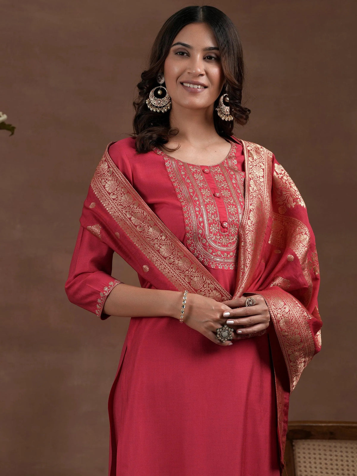 Libas Pink Yoke Design Silk Blend Straight Suit With Dupatta