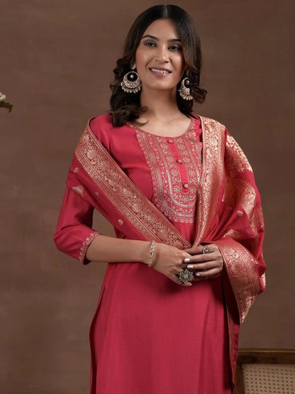 Libas Pink Yoke Design Silk Blend Straight Suit With Dupatta