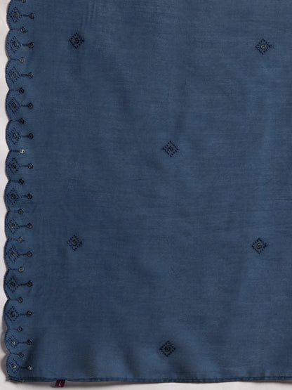 Gerua Blue Embroidered Silk Blend Straight Suit With Dupatta