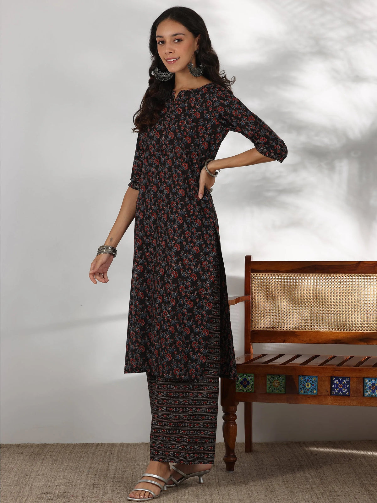 Libas Black Printed Cotton Straight Suit With Dupatta
