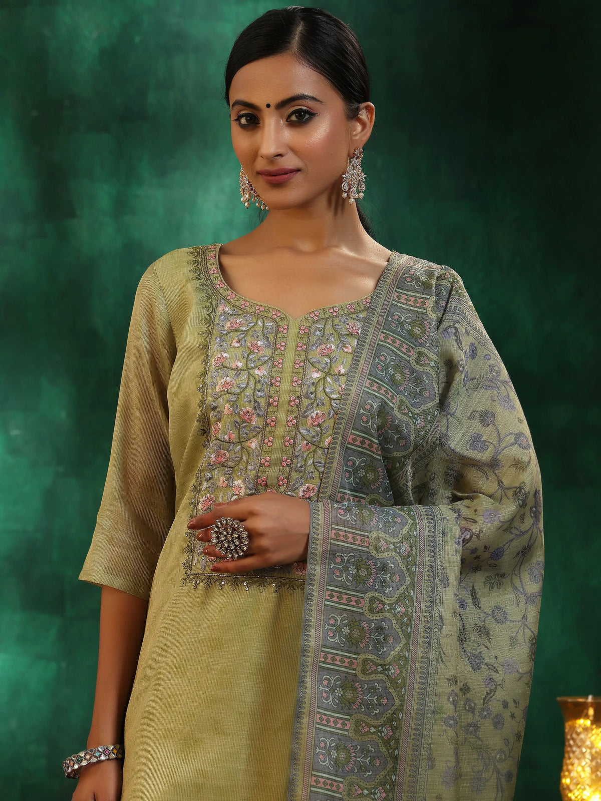 Libas Green Yoke Design Silk Blend Straight Suit With Dupatta