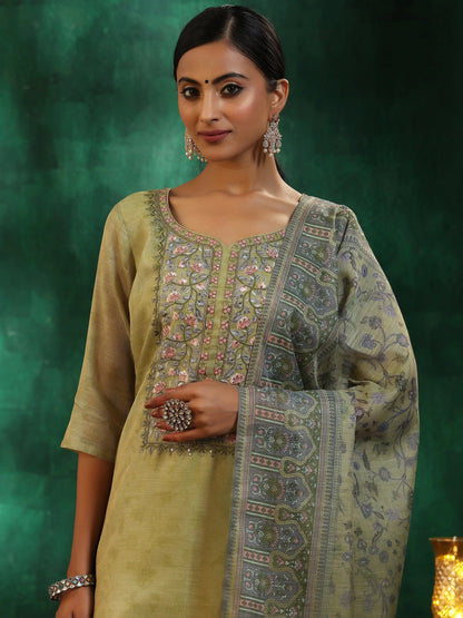 Libas Green Yoke Design Silk Blend Straight Suit With Dupatta