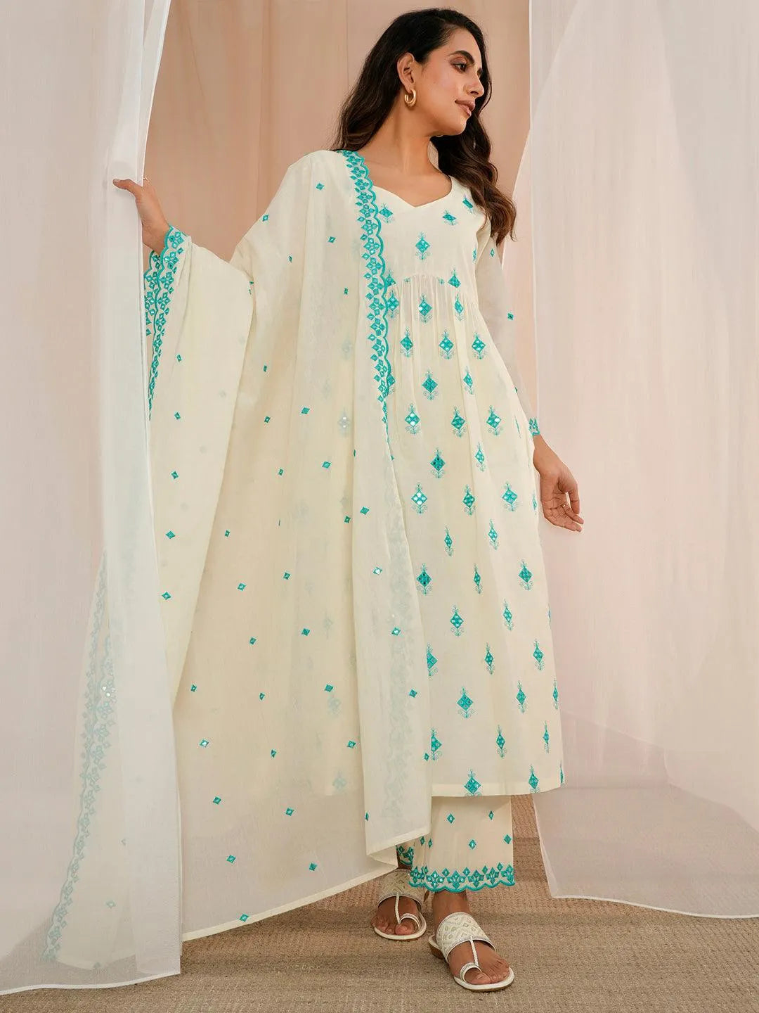 Libas Off White Embroidered Cotton Anarkali Suit With Dupatta