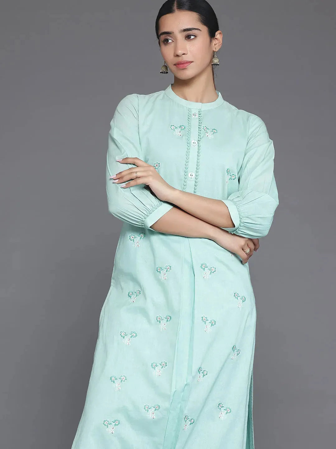Libas Green Embroidered Cotton Straight Kurta