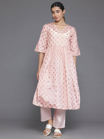 Libas Peach Printed Silk Blend A-Line Kurta With Trousers