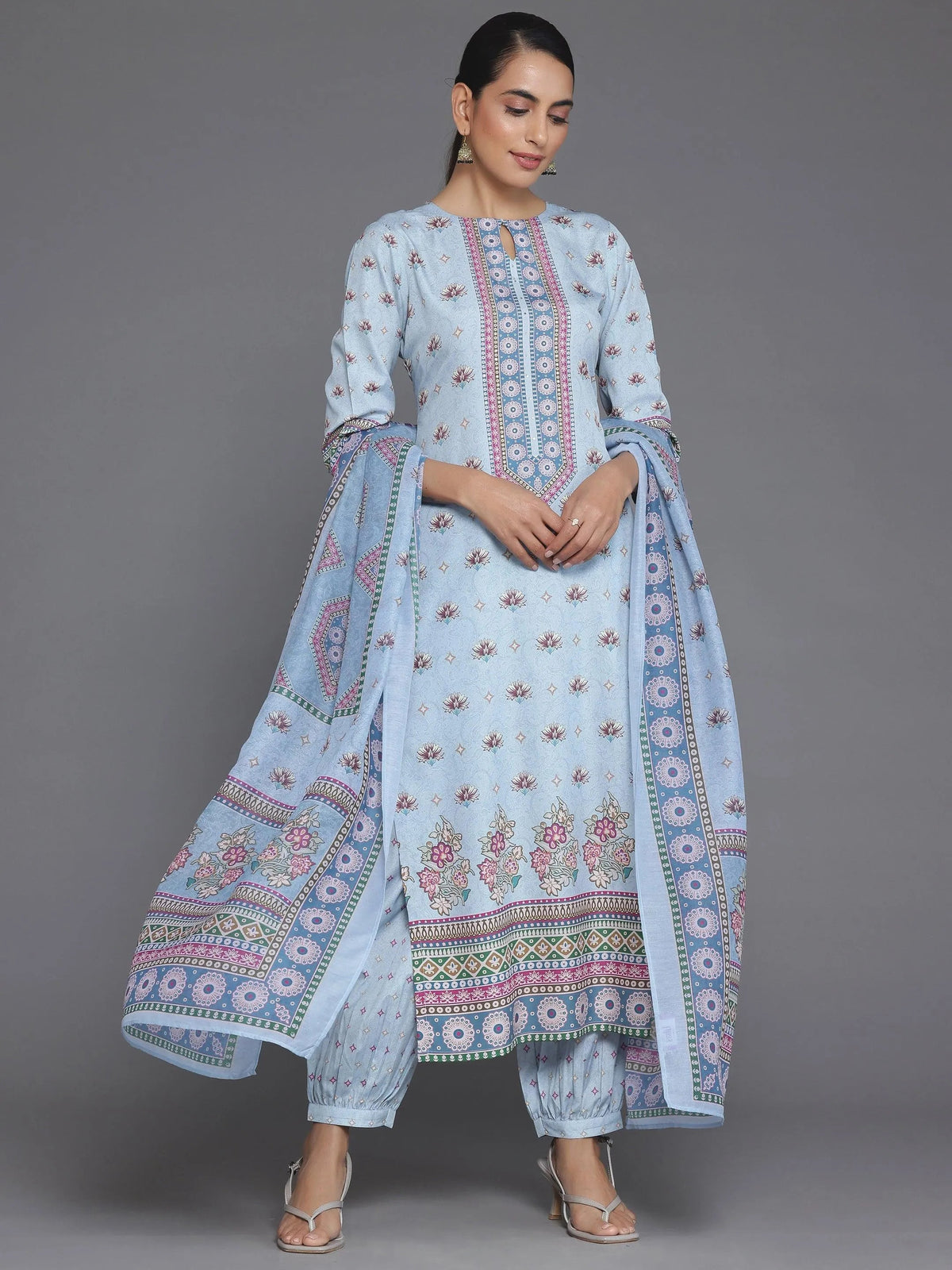 Gerua Blue Printed Poly Crepe Straight Suit With Dupatta