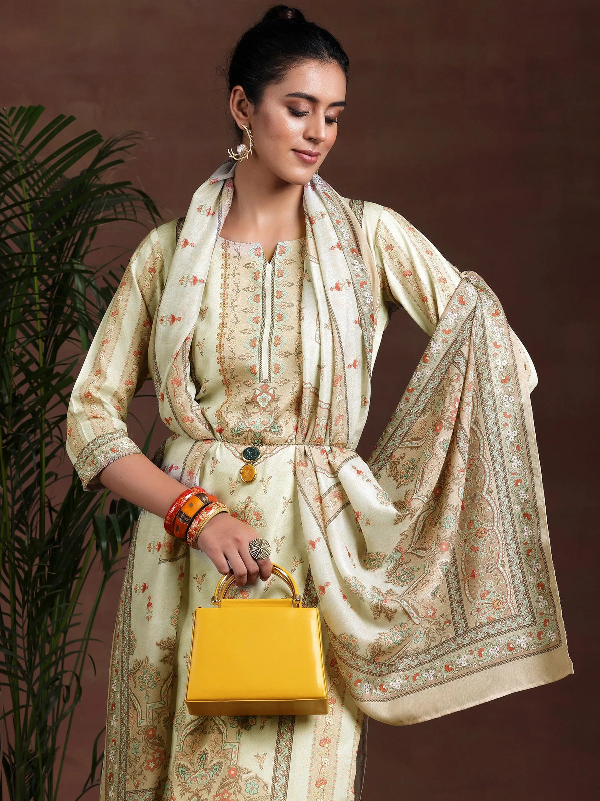 Libas Beige Printed Poly Crepe Straight Suit With Dupatta