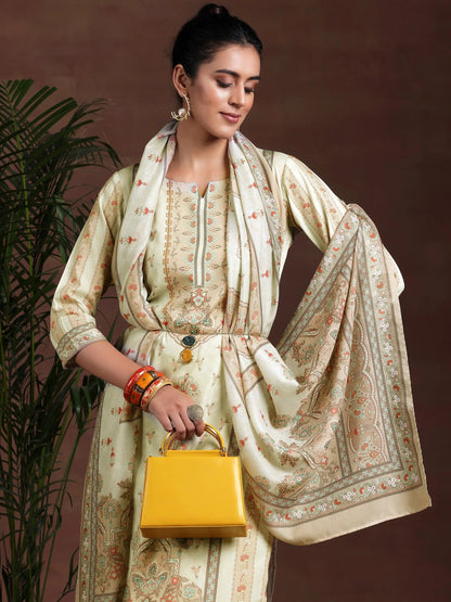 Libas Beige Printed Poly Crepe Straight Suit With Dupatta
