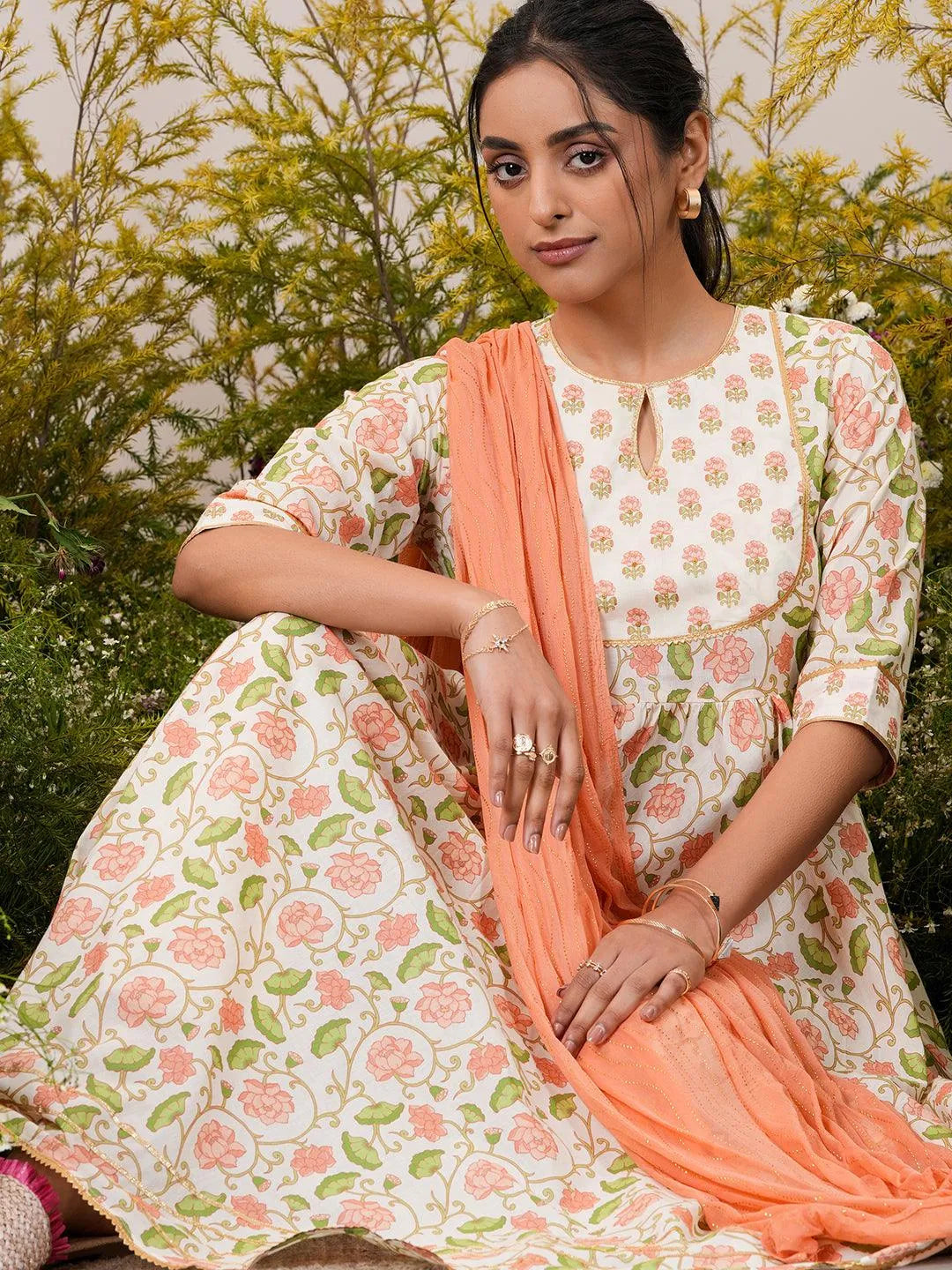 Libas Off White Yoke Design Cotton Anarkali Suit With Dupatta