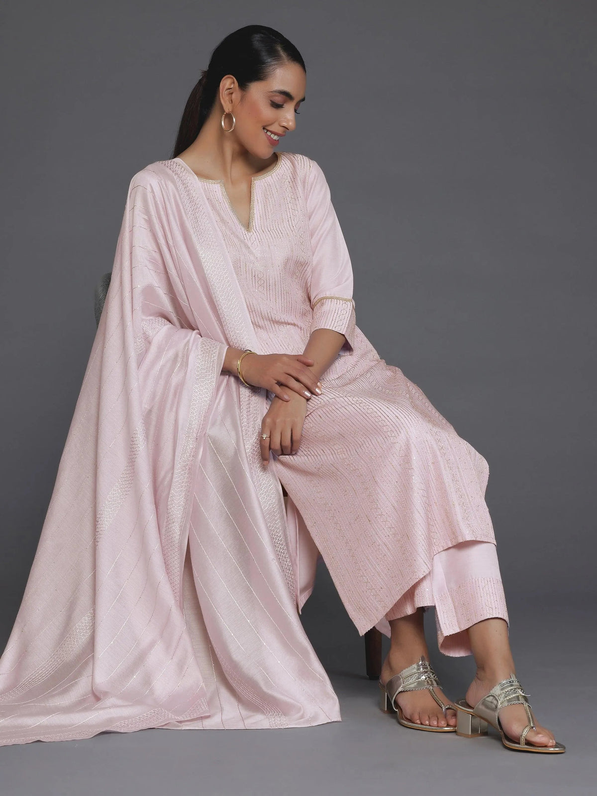 Libas Pink Self Design Silk Blend Straight Suit With Dupatta