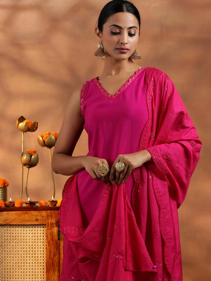 Gerua Pink Solid Silk Blend Straight Suit With Dupatta