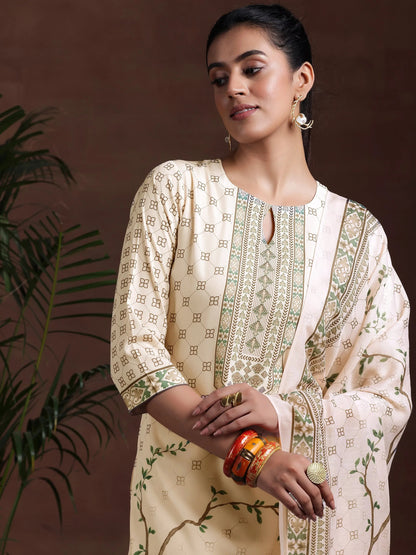 Libas Off White Printed Poly Crepe Straight Suit With Dupatta