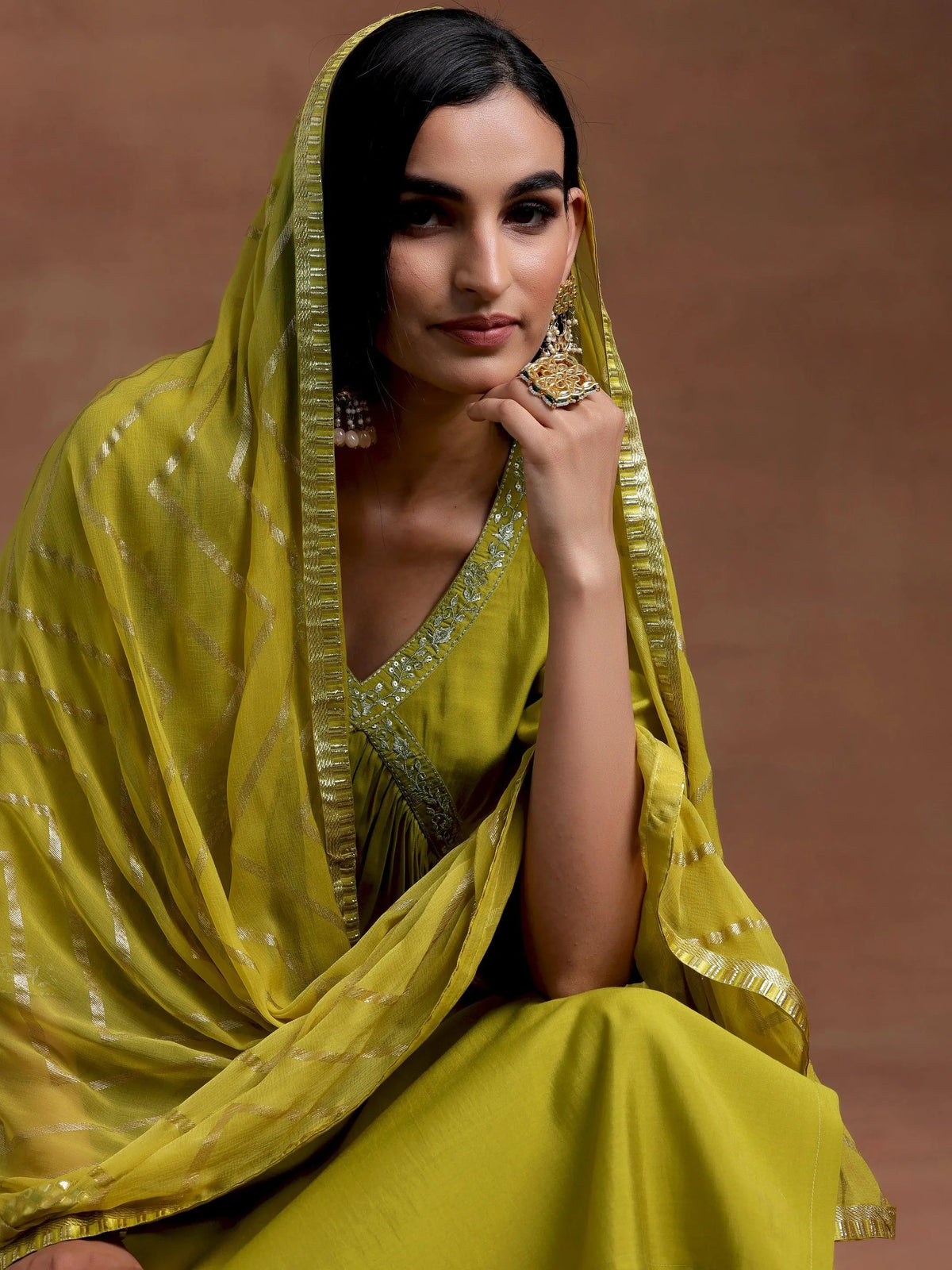 Gerua Olive Solid Silk Blend A-Line Kurta With Trousers & Dupatta