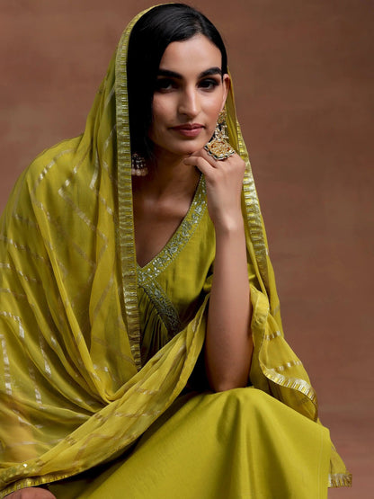 Gerua Olive Solid Silk Blend A-Line Kurta With Trousers & Dupatta