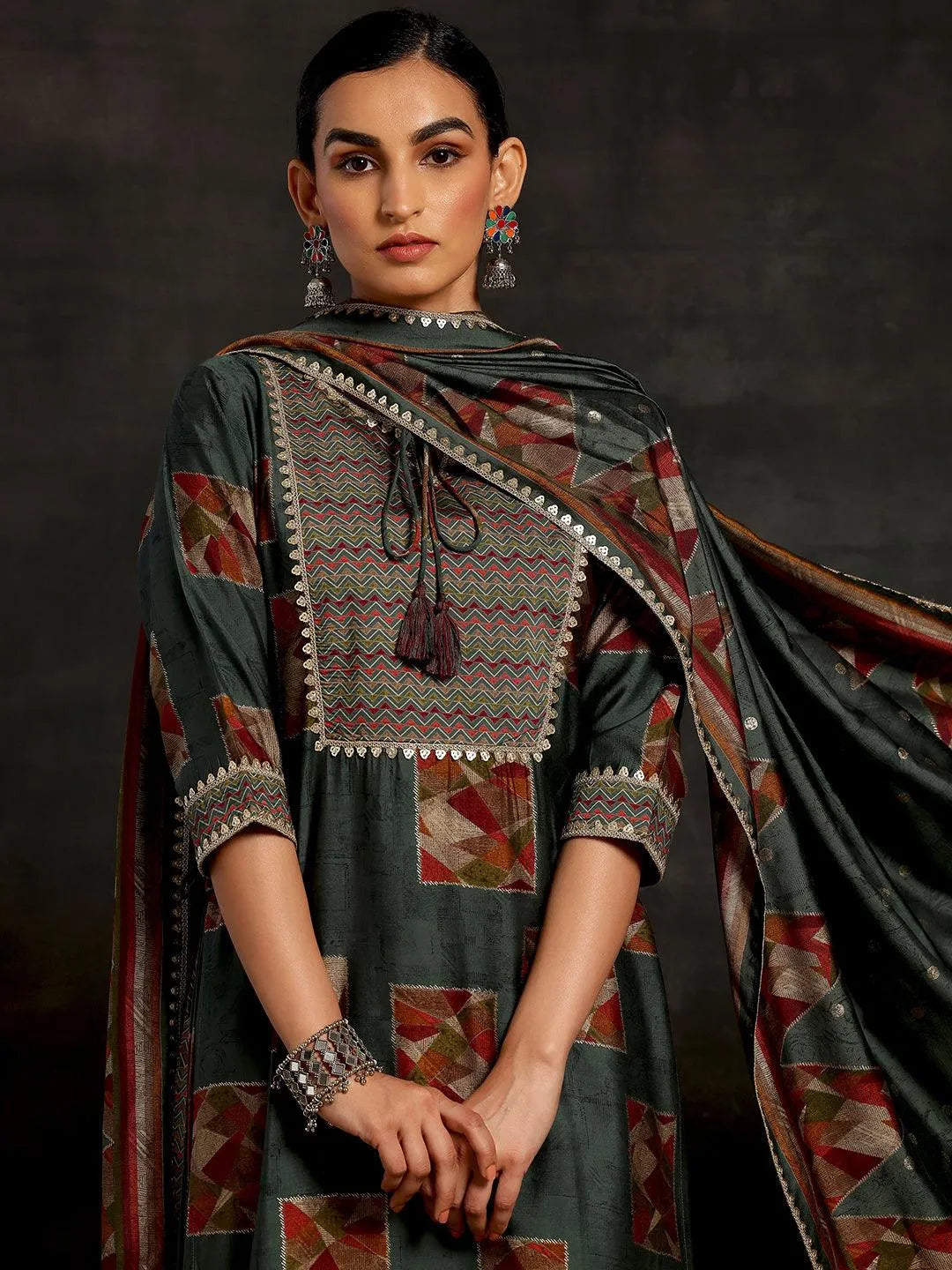 Gerua Green Printed Silk Blend Straight Suit With Dupatta