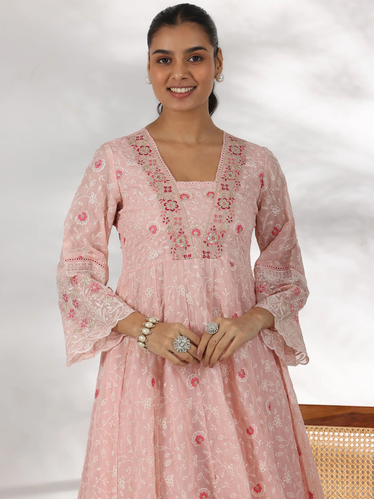 Libas Pink Embroidered Organza Anarkali Suit With Dupatta