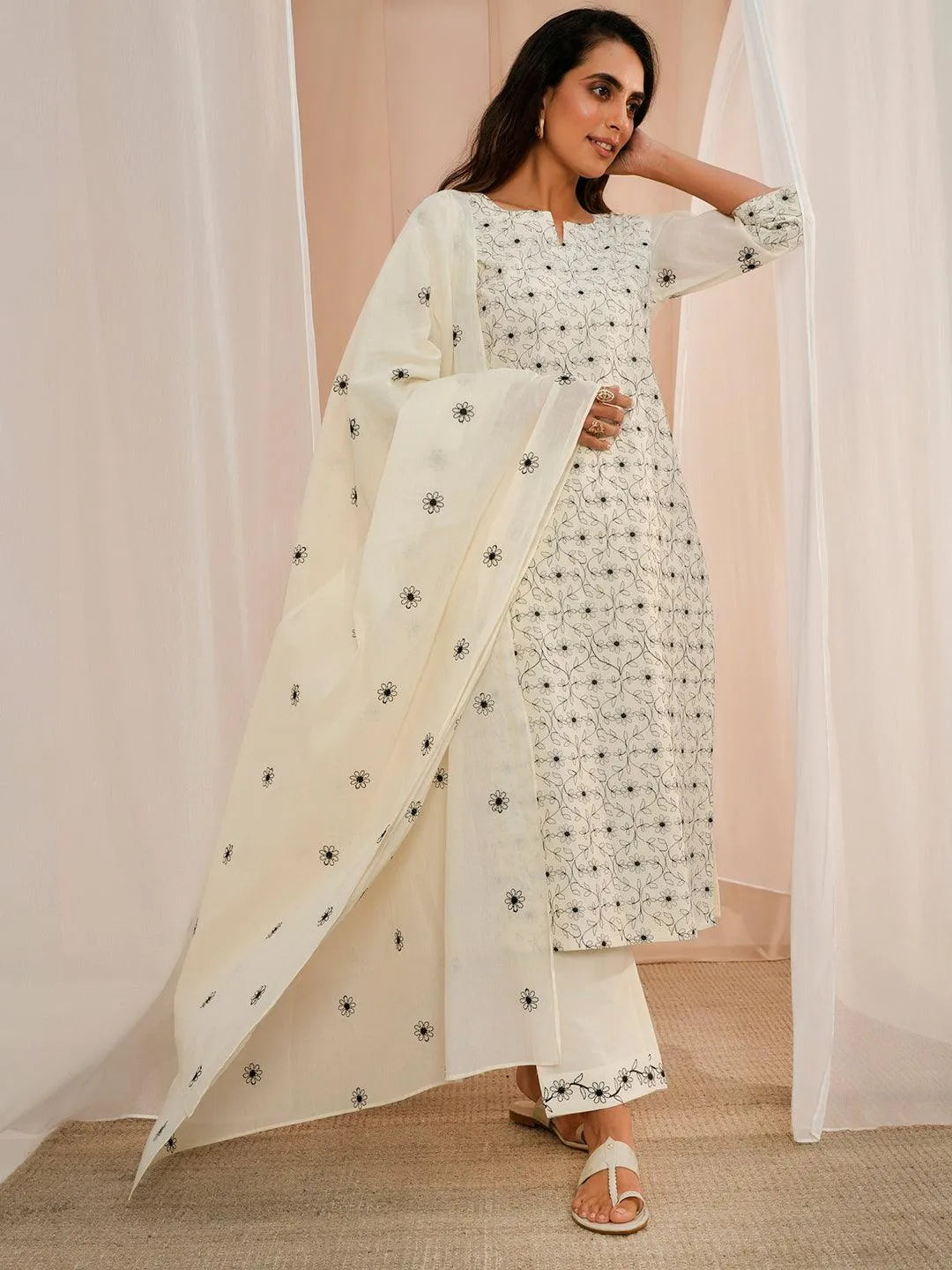 Libas Off White Embroidered Cotton Straight Suit With Dupatta