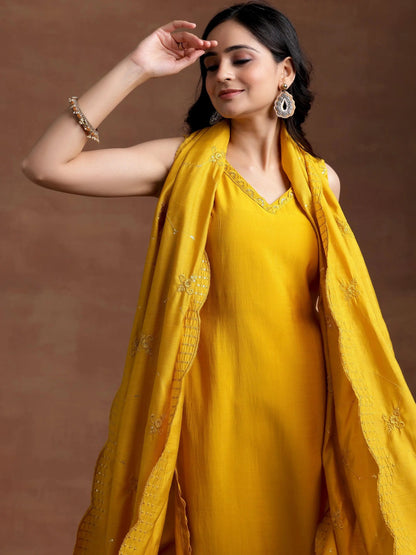 Gerua Mustard Solid Silk Blend Straight Suit With Dupatta