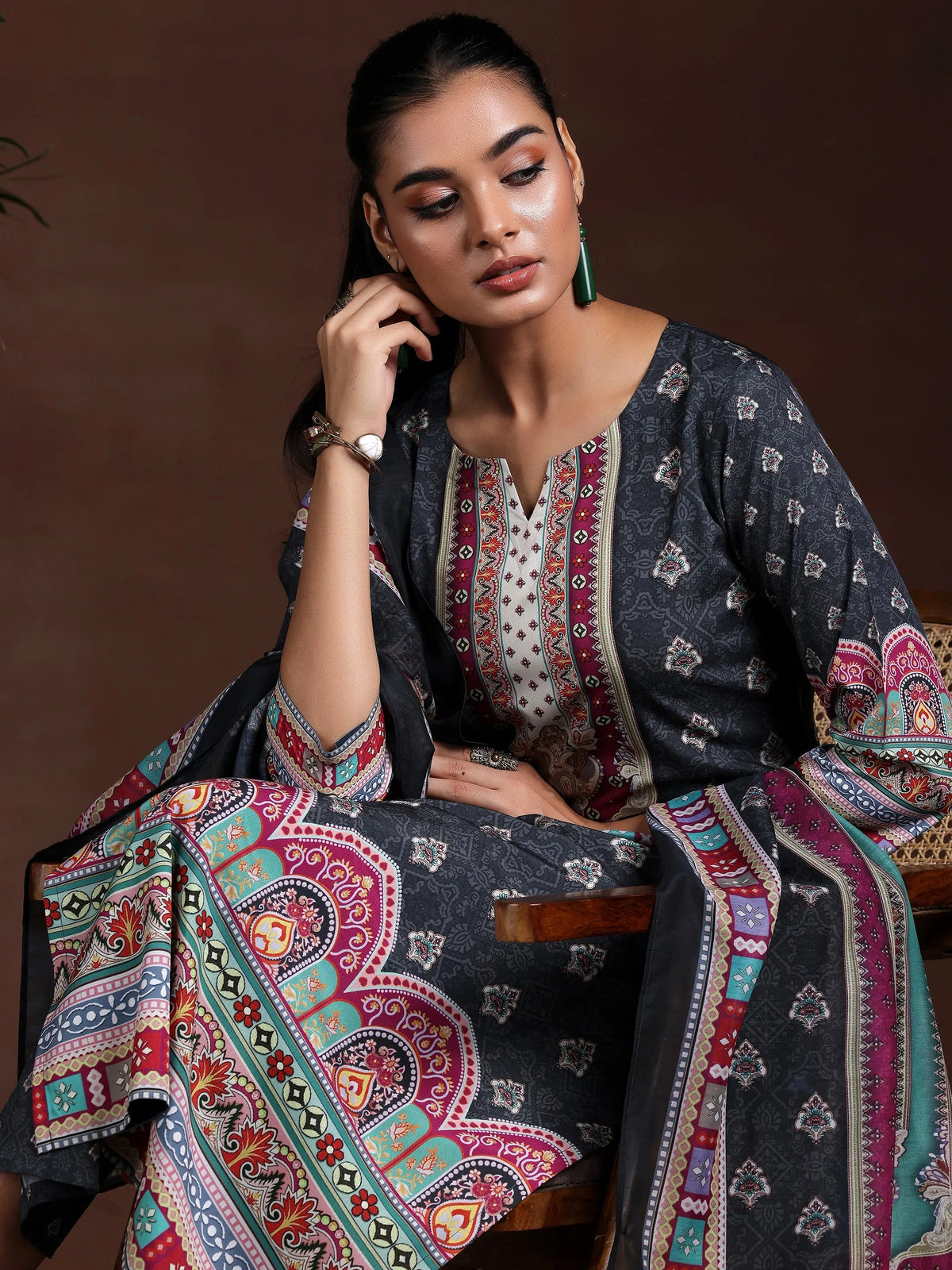 Libas Black Printed Poly Crepe Straight Suit With Dupatta