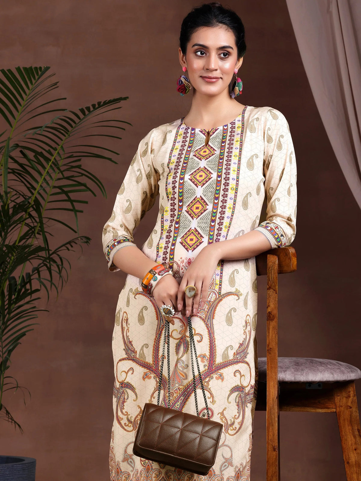 Libas Beige Printed Poly Crepe Straight Kurta Set